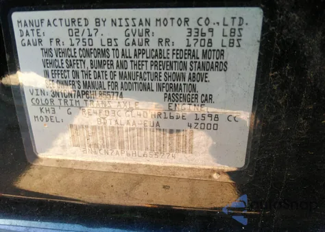 2017 Nissan Versa 1.6 S from USA, damaged, VIN 3N1CN7AP6HL855774